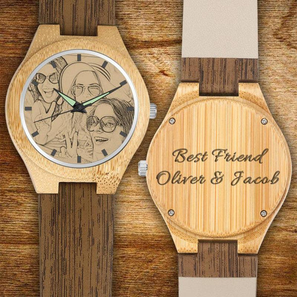 Fathers Gifts Watch Custom Engraved Wooden Photo Watch Grey Leather Strap