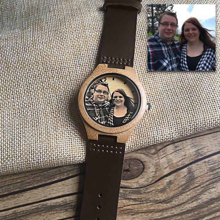 Father's Watch Gifts Custom Engraved Wooden Photo Watch With Brown Leather Strap