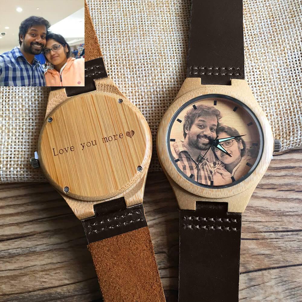 Father's Watch Gifts Custom Engraved Wooden Photo Watch With Brown Leather Strap