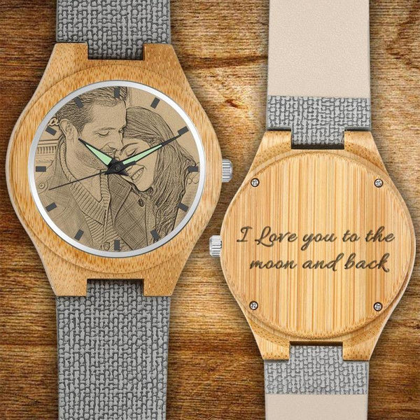 Custom Engraved Rose Gold Photo Watch Black Leather Strap
