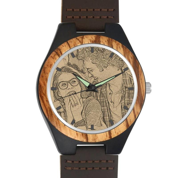 Custom Engraved Bamboo Photo Watch Brown Leather Strap
