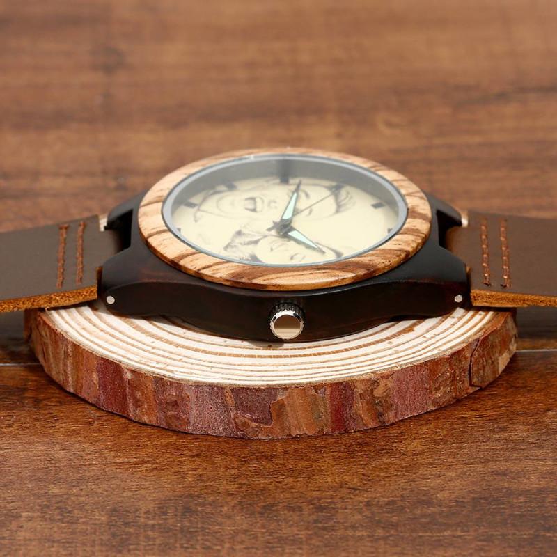 Custom Engraved Bamboo Photo Watch Brown Leather Strap