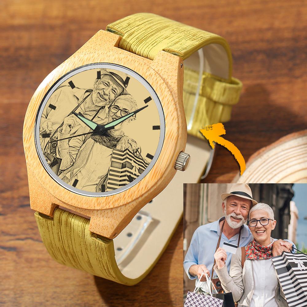 Watch Gifts for Dad Custom Engraved Bamboo Photo Watch Wood Grain Strap
