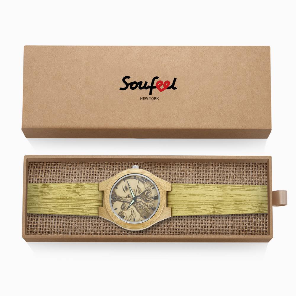 Watch Gifts for Dad Custom Engraved Bamboo Photo Watch Wood Grain Strap