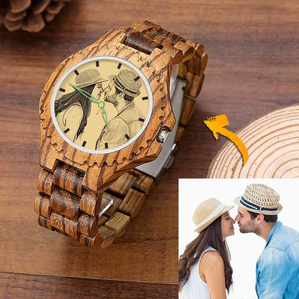 Gifts for Dad Custom Engraved Sandal Wood Photo Watch Blue Leather Strap
