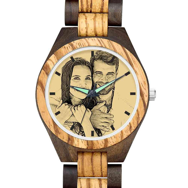 Custom Engraved Wooden Photo Watch Brown Leather Strap