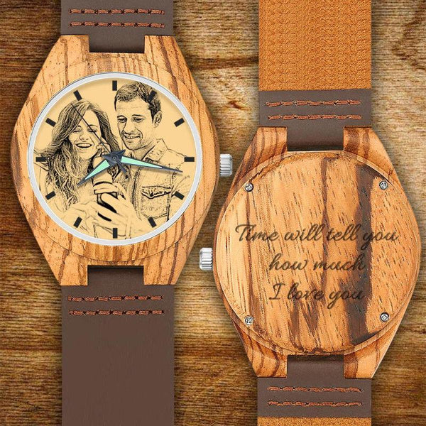 Custom Engraved Wooden Photo Watch Brown Leather Strap