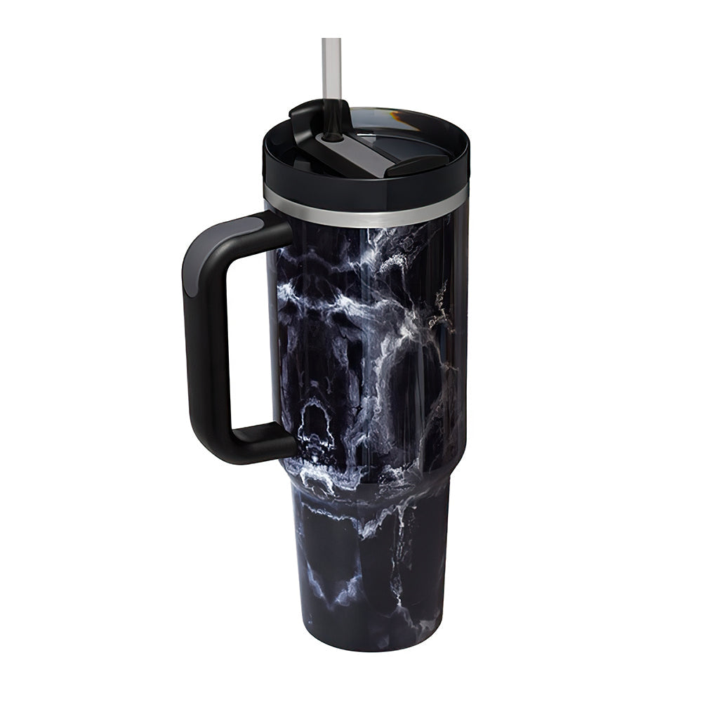 40oz Insulated Mug with Handle and Straw Marble Pattern Stainless Steel Travel Cup Gift for Family Friends Couples