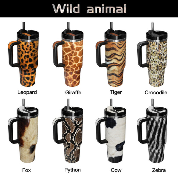 40oz Insulated Mug with Handle and Straw Wild Animals Pattern Stainless Steel Travel Cup Gift for Family Friends Couples