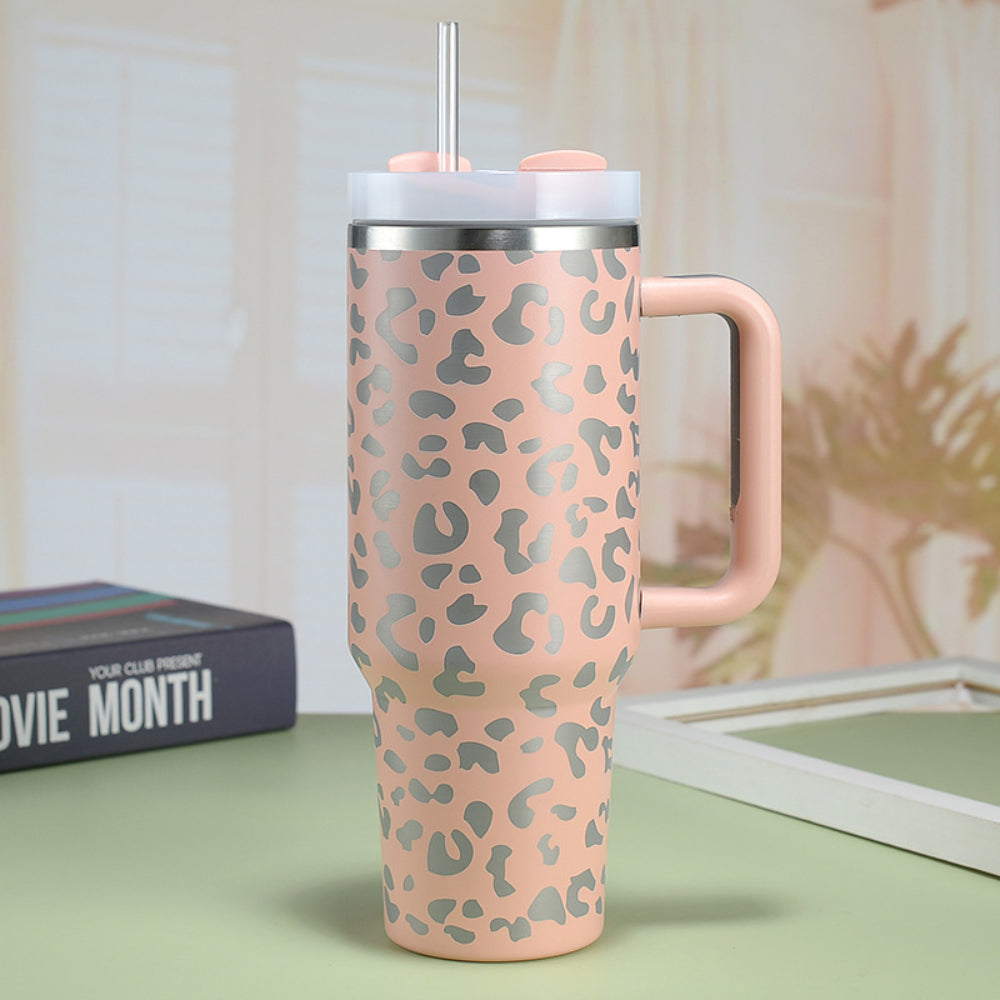 40oz Insulated Mug with Handle and Straw Colorful Leopard Pattern Stainless Steel Travel Cup Gift for Family Friends Couples