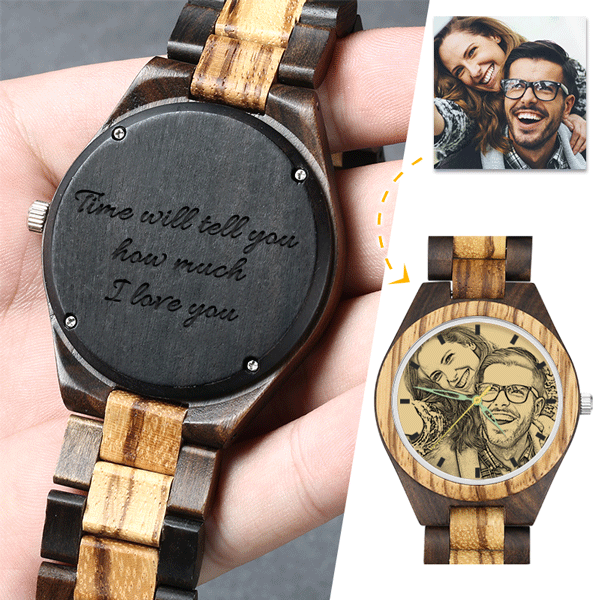 Gifts for Him Wooden Watches Custom Engraved Wood Photo Watch Dark Green Leather Strap